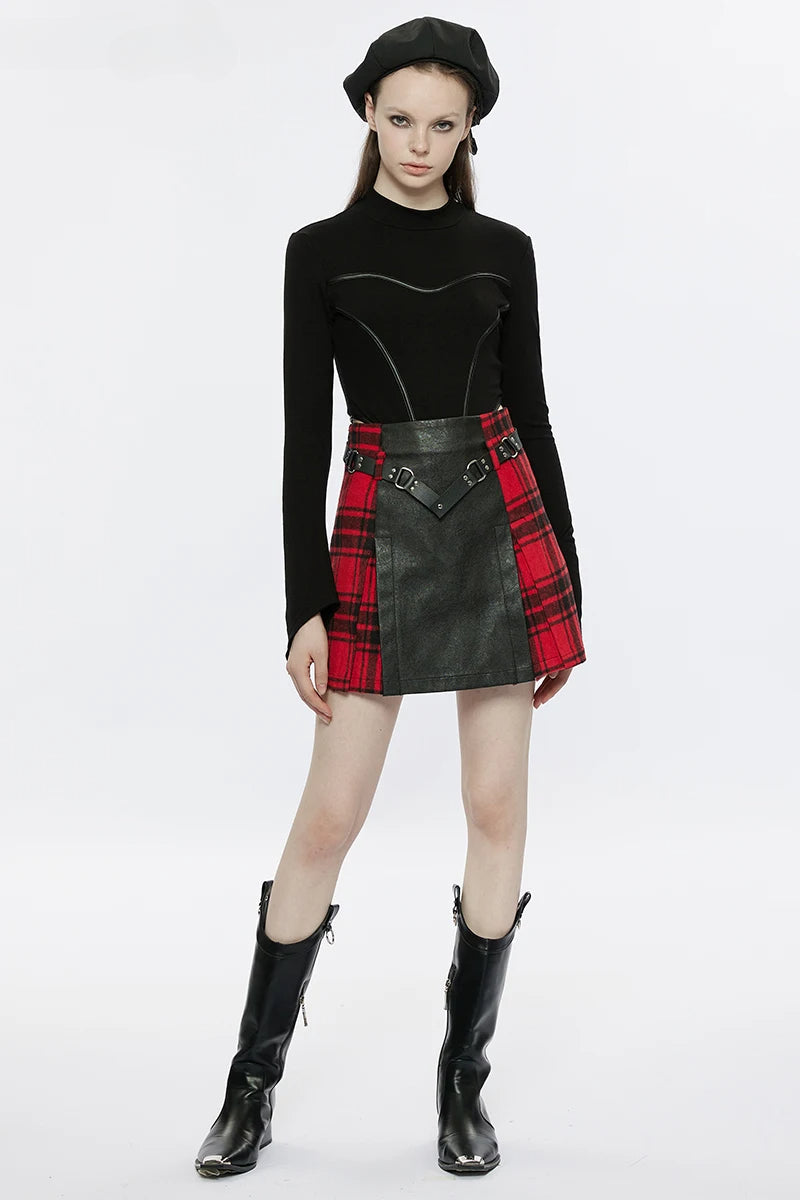 Women's Black+Red Mini Buckle Metal Belt Personality Splicing Plaid Daily Rivet A-Line Skirt