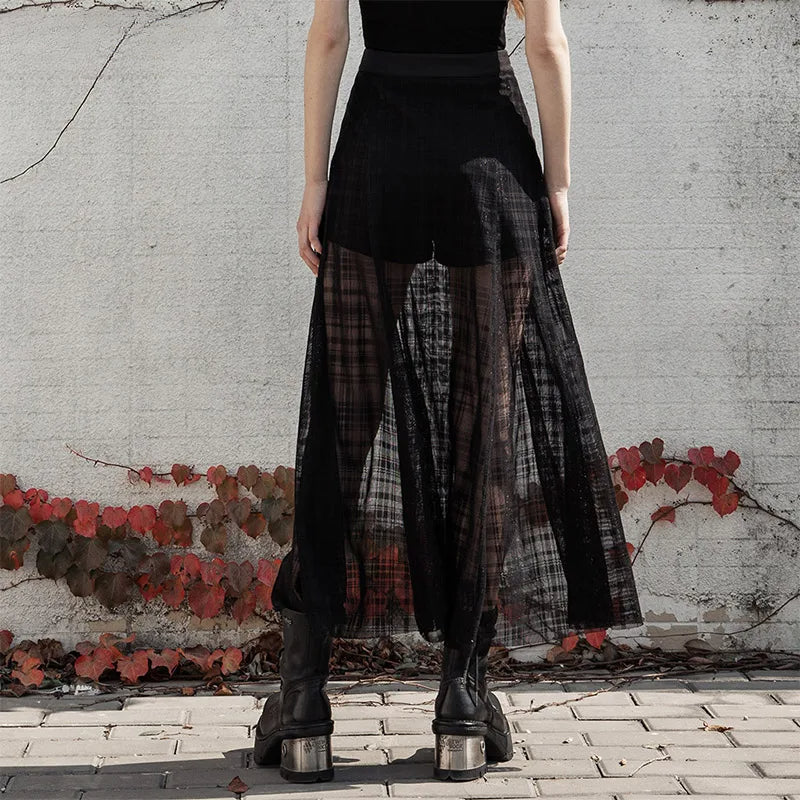 Women's Forks Pantskirt Sexy Gothic Casual Mid-length A Elastic Waist Grid Mesh Daily Long Shape Skirt