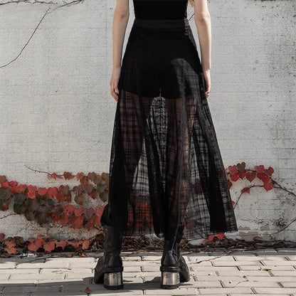 Women's Forks Pantskirt Sexy Gothic Casual Mid-length A Elastic Waist Grid Mesh Daily Long Shape Skirt