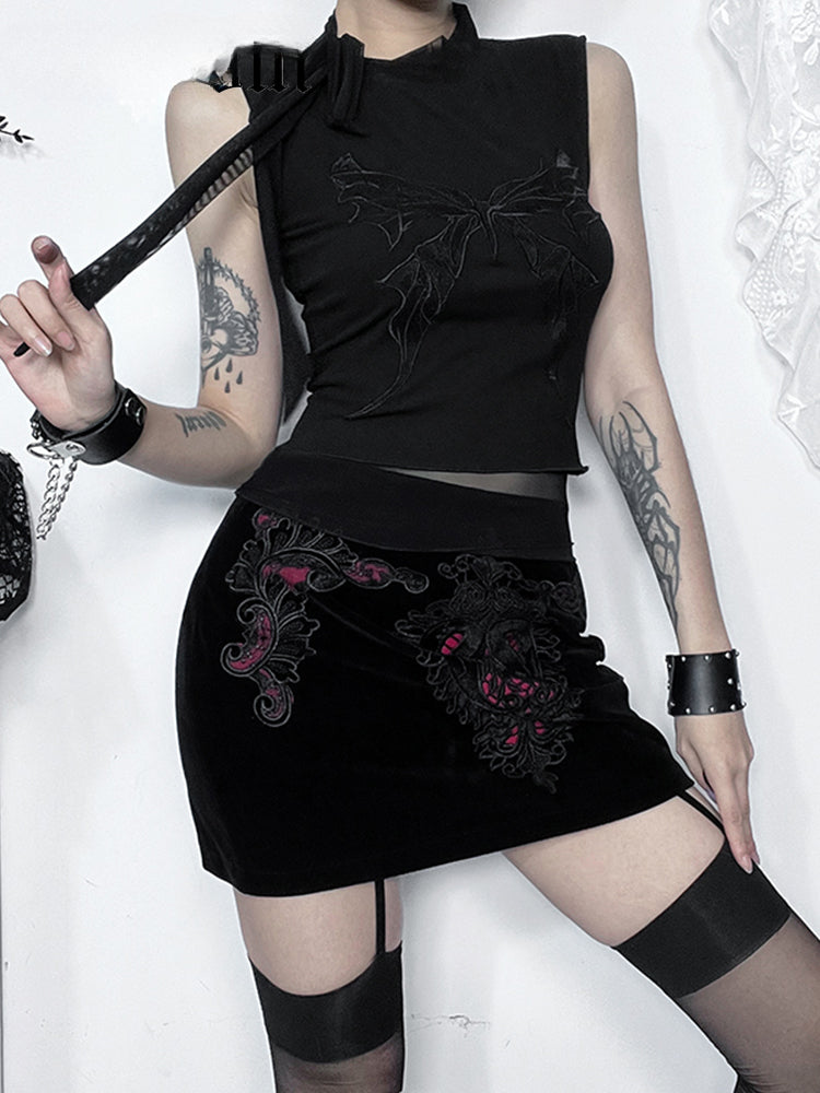 Gothic Y2K Butterfly Printed Lace-up Crop Top