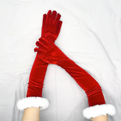 Red Gold Velvet White Plush Full Finger Christmas Party Costume Glove