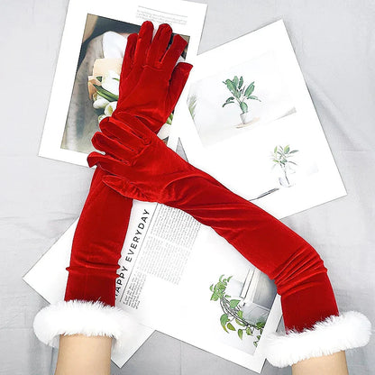 Red Gold Velvet White Plush Full Finger Christmas Party Costume Glove