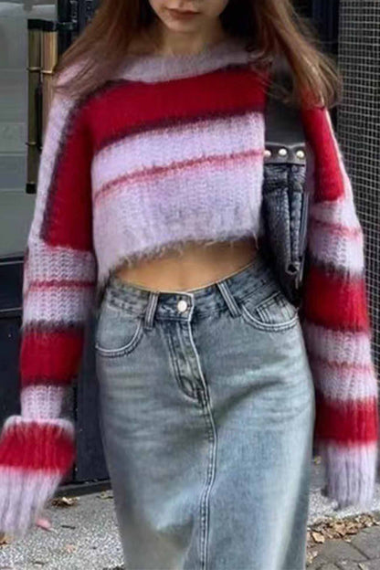 Colorblock Striped Crew Neck Knitted Cropped Sweater