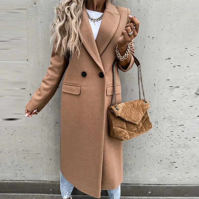 Elegant Long Overcoat Autumn Winter Turn-Down Collar Woolen Office Lady Coats