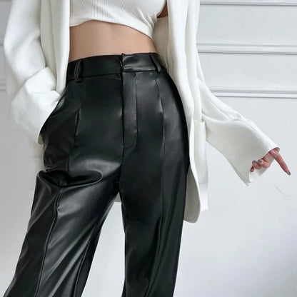 Winter High-waist Sensual Leather Long Black Shiny Bell Bottoms Pants