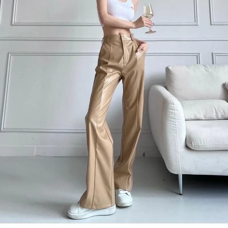 Winter High-waist Sensual Leather Long Black Shiny Bell Bottoms Pants