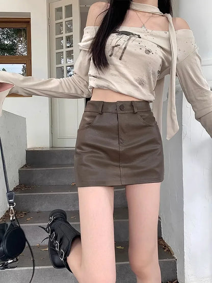 Mini High-waisted Brown A-line Leather Skirt