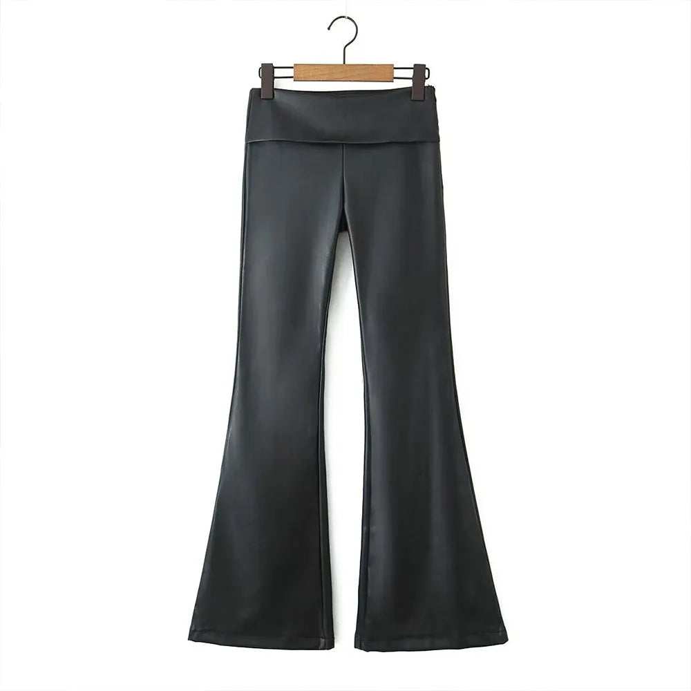 Summer New Fashionable Casual Elegant Low Waist Bellbottom Leather Pants