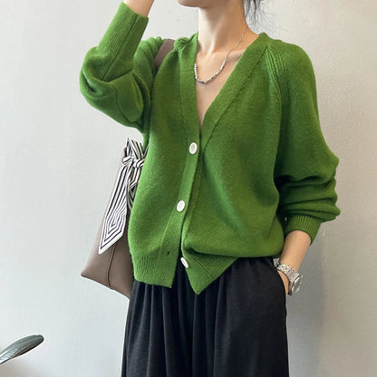 Green V-Neck Knitted Cape Sweater for Women - Single Button Closure