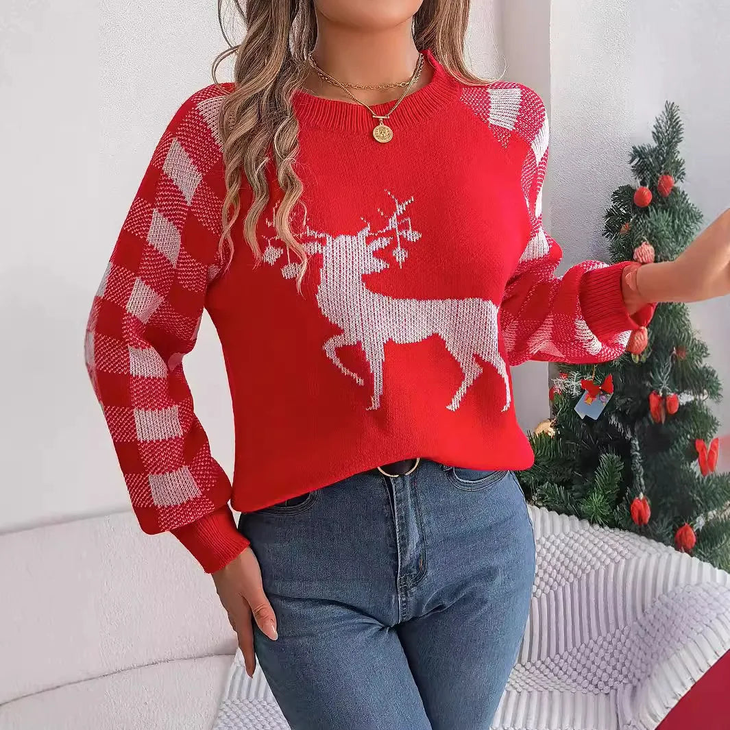 Checkered Deer Long Sleeve Hoodie Red Green Knitted Pullover Christmas Sweater