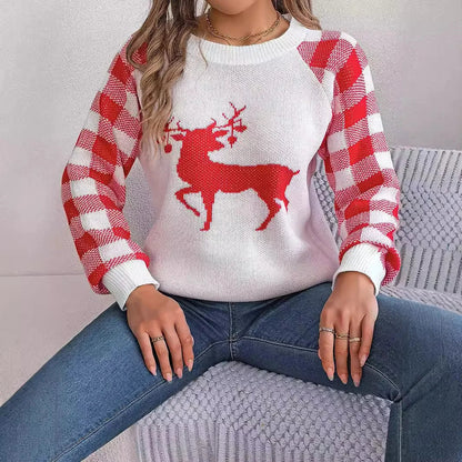 Checkered Deer Long Sleeve Hoodie Red Green Knitted Pullover Christmas Sweater