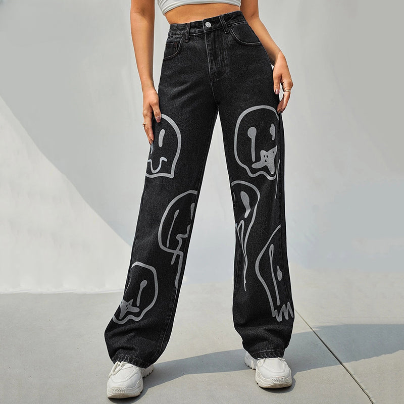 Gothic Ghost Cartoon Face Vintage Wash Baggy Pant