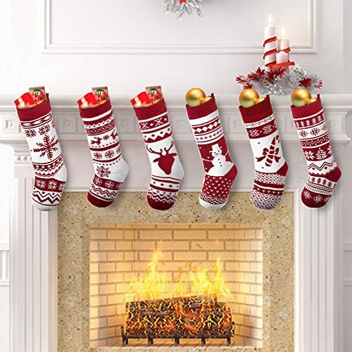 6 Pack Large Rustic Yarn Knit Christmas Stockings for Family Holiday Decorations