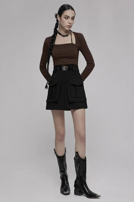 Women's Waist Collect Line Black Buckle Women Functional Decoration A Half Personality Casual Mini Skirt