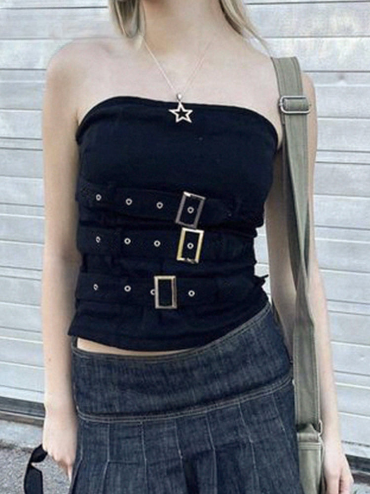 Y2K Gothic Punk Black Corset Buckle Streetwear Crop Bandage Grunge Retro Top