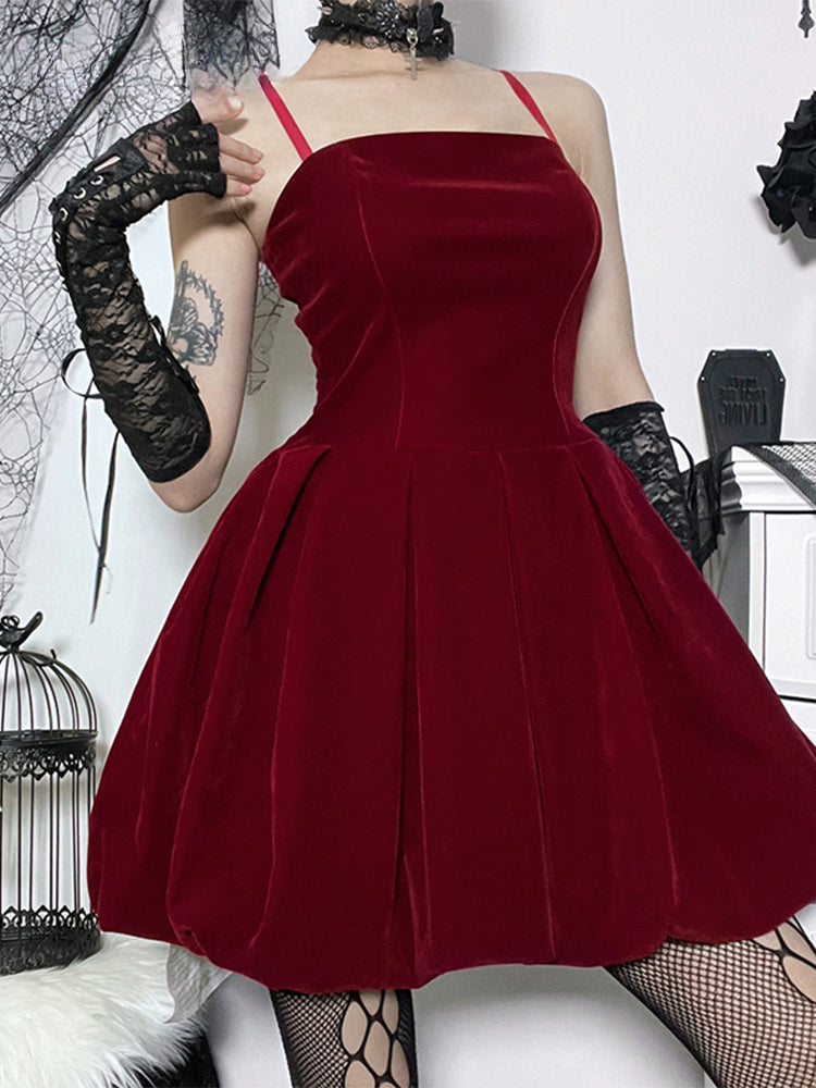 Gothic Velvet Shirring High Waist Solid Spaghetti Straps A Line Mini Dress