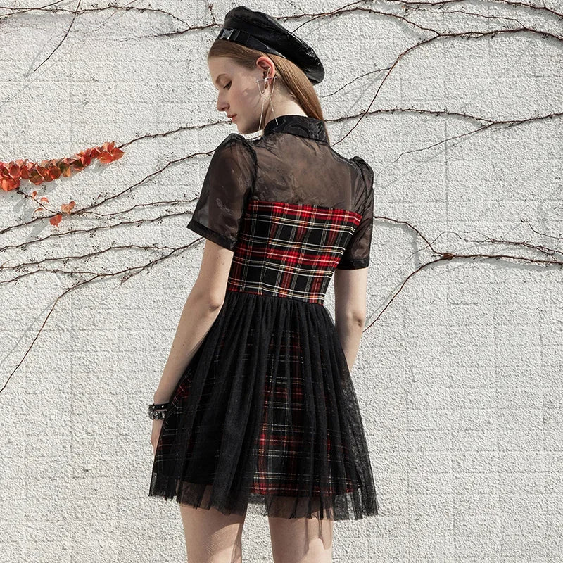 Gothic Lace Spliced Plaid Sexy A-Line Short Sleeve Dress