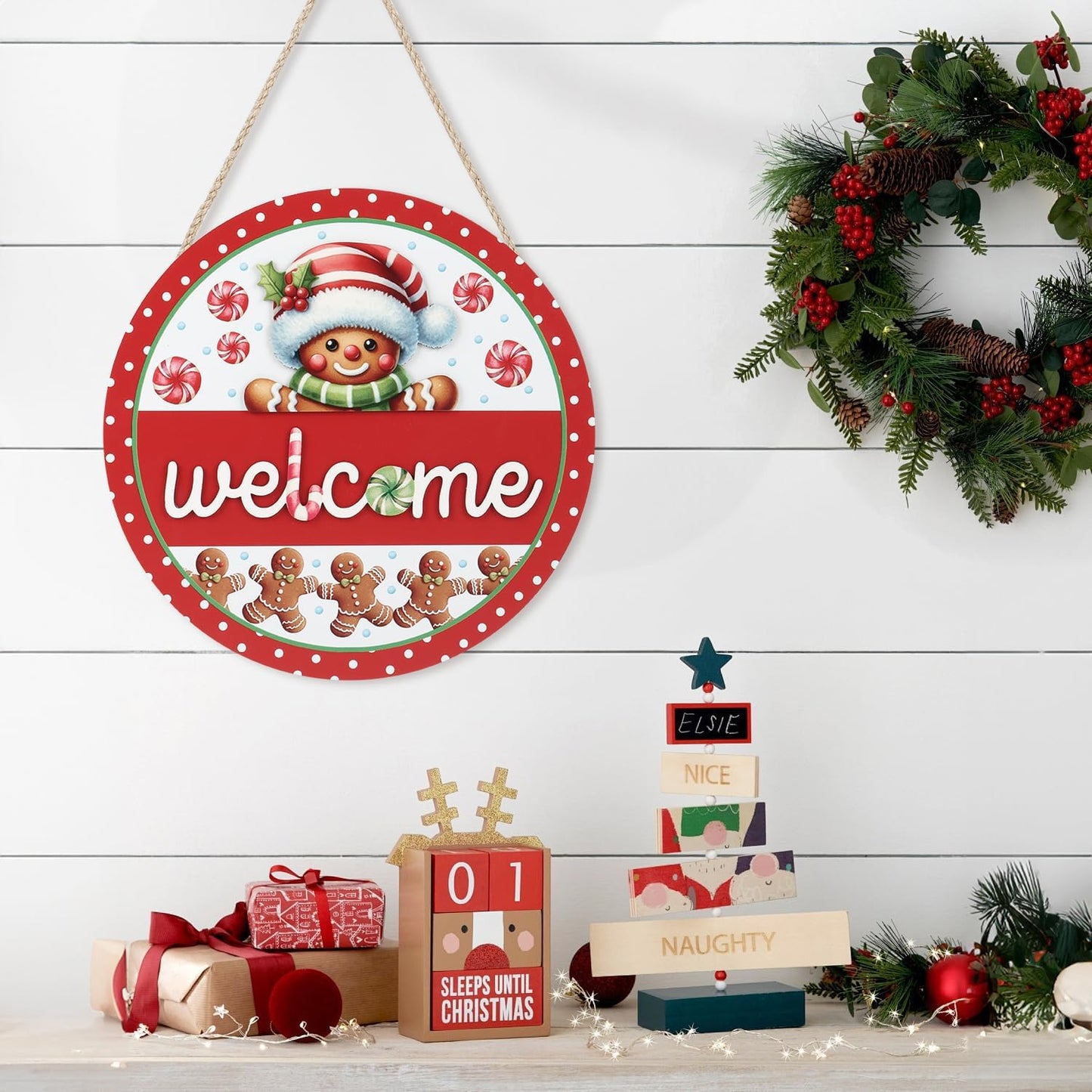 Gingerbread Christmas Front Door Wreath Sign - 3D Wooden Welcome Decoration