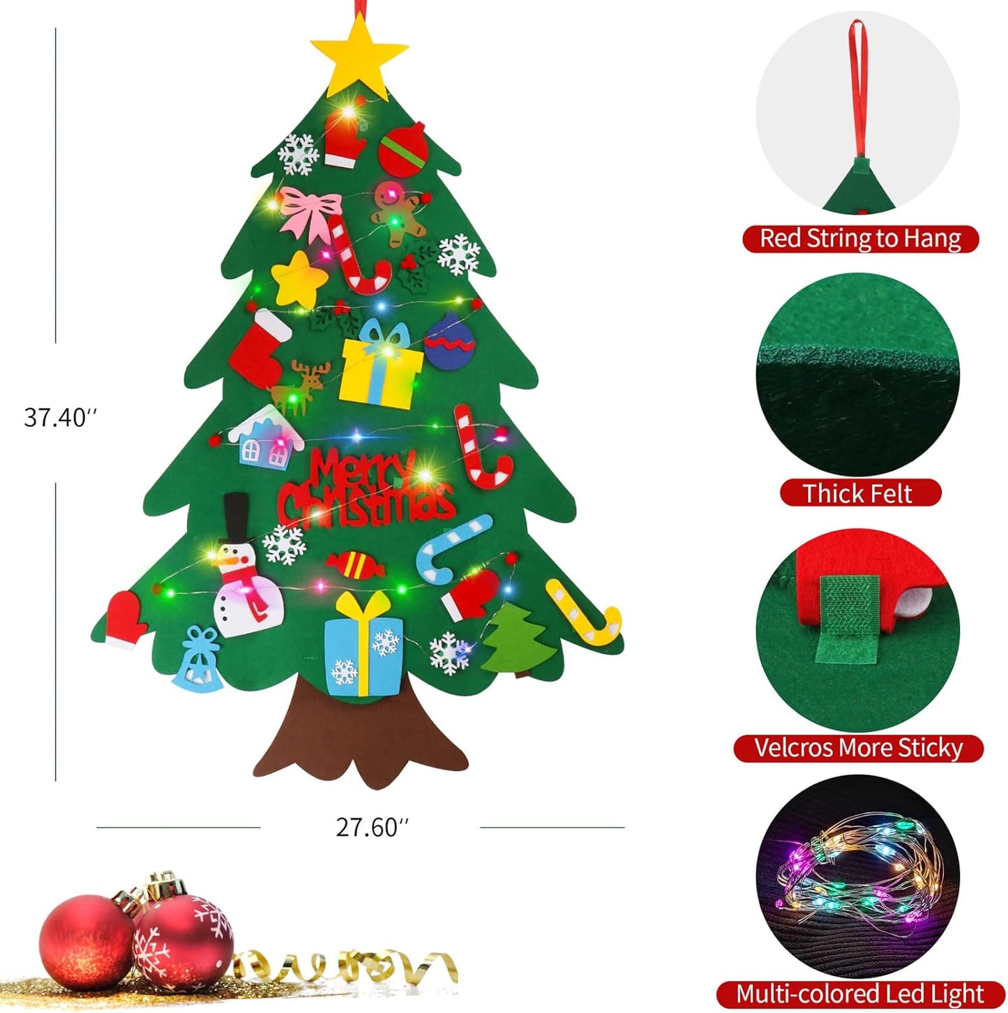 Felt Christmas Tree Set with LED String Light - Wall Hanging DIY Xmas Tree with Detachable Ornaments for Home Decoration and Gifts