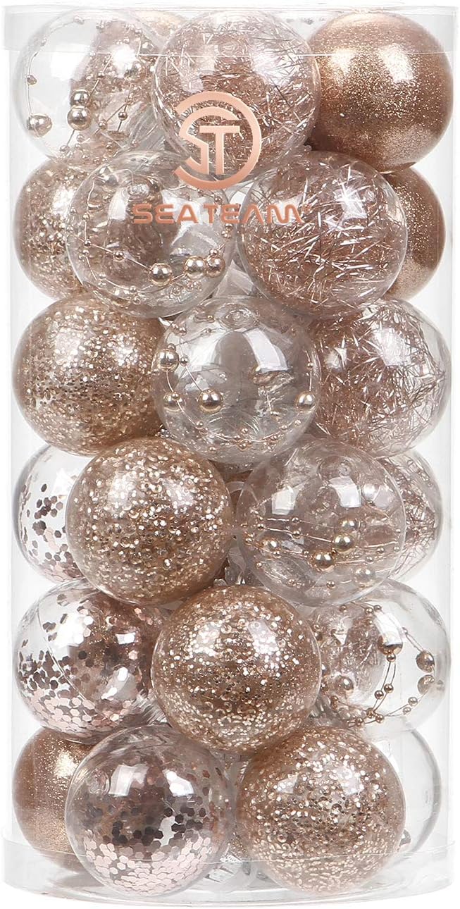 24 Count Shatterproof Clear Plastic Christmas Ball Ornaments with Gold Decorations