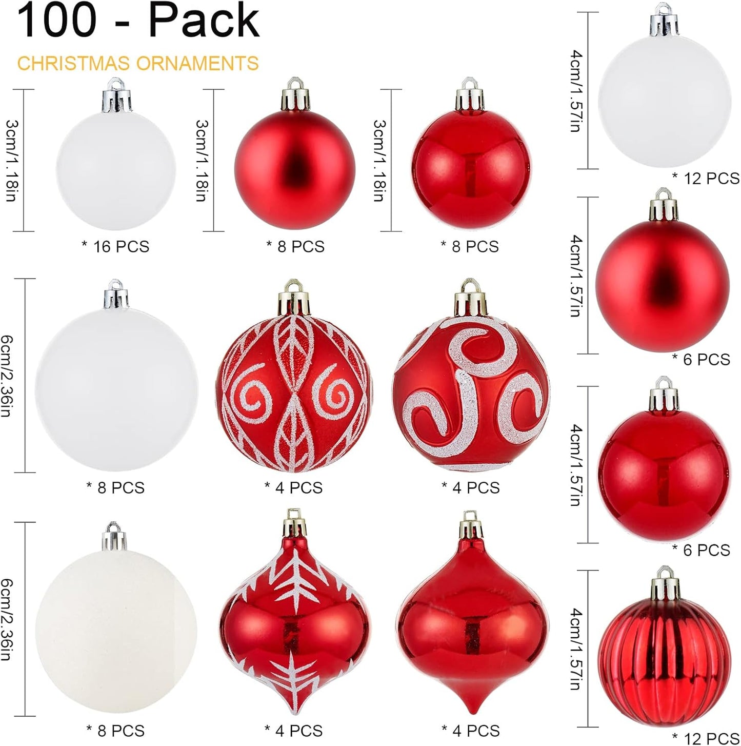 Christmas Ball Ornaments Set - Shatterproof Red Decorations for Xmas Holiday, Wedding Party, and Home