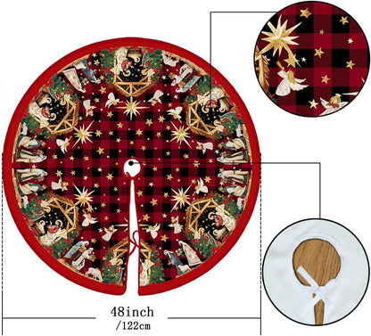 48 Inch Jesus Nativity Holy Night Christmas Tree Skirt Collar - Red Buffalo Plaid