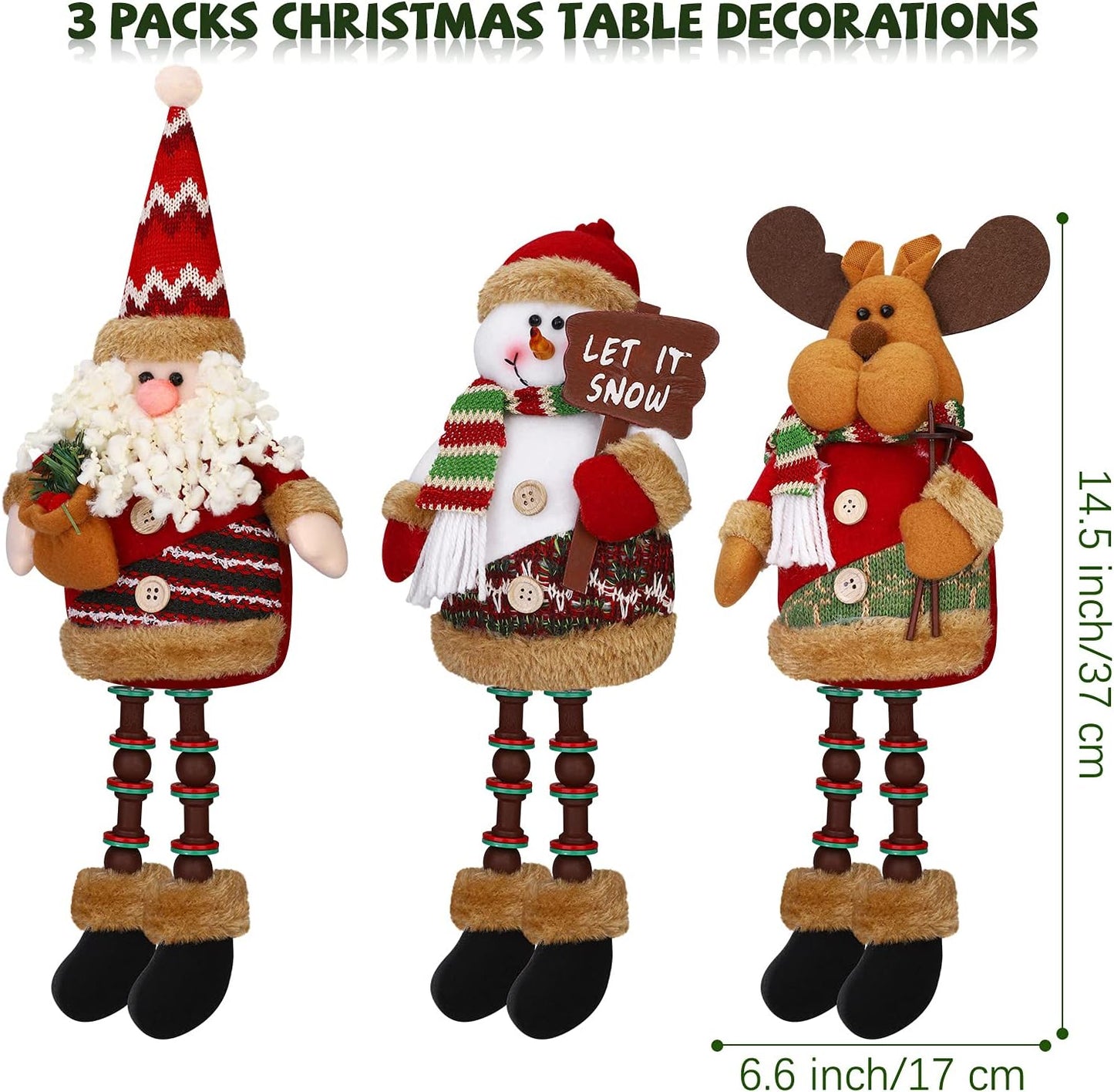 Christmas Sitting Santa Snowman Reindeer Doll Long Legs Ornament Set - Pack of 3