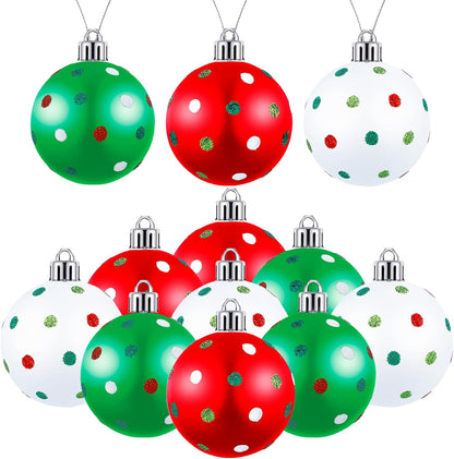 Glittering Hanging Xmas Balls - Red Green Plastic Christmas Baubles for Tree Decoration