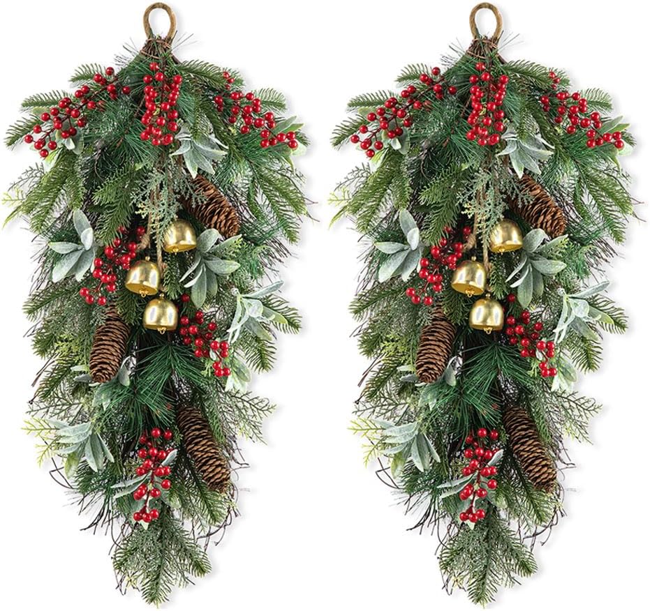 Christmas Bell Teardrop Swag with Faux Berries and Pinecone Ornament - 26" Pine Branches Door Swag Garlands for Xmas Wall Outdoor Indoor Decor