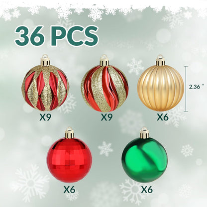 Christmas Ball Ornaments - 36 PCS - Shatterproof - Red, Green, Gold - Holiday Wedding Party Decoration