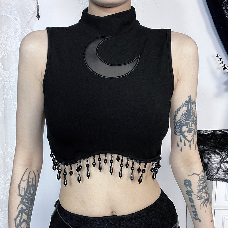 Vintage Sleeveless Through Sexy See Moon Crop Goth Lace Top