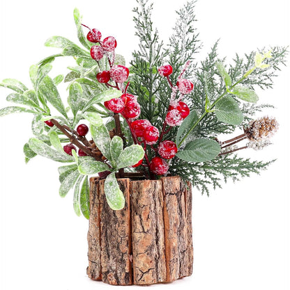 Christmas Centerpiece Decoration with Potted Plants, Greenery Pine Needles, and Red Berry Stems - Festive Home and Office Decor