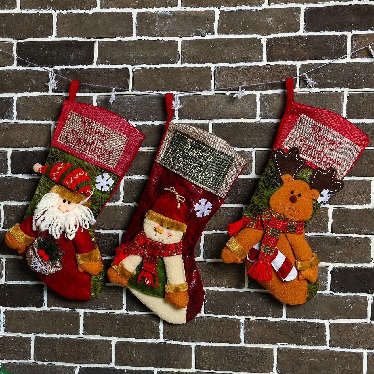 Set of 3 18" Christmas Stockings - Santa, Snowman, Reindeer Characters for Family Holiday Party Decor