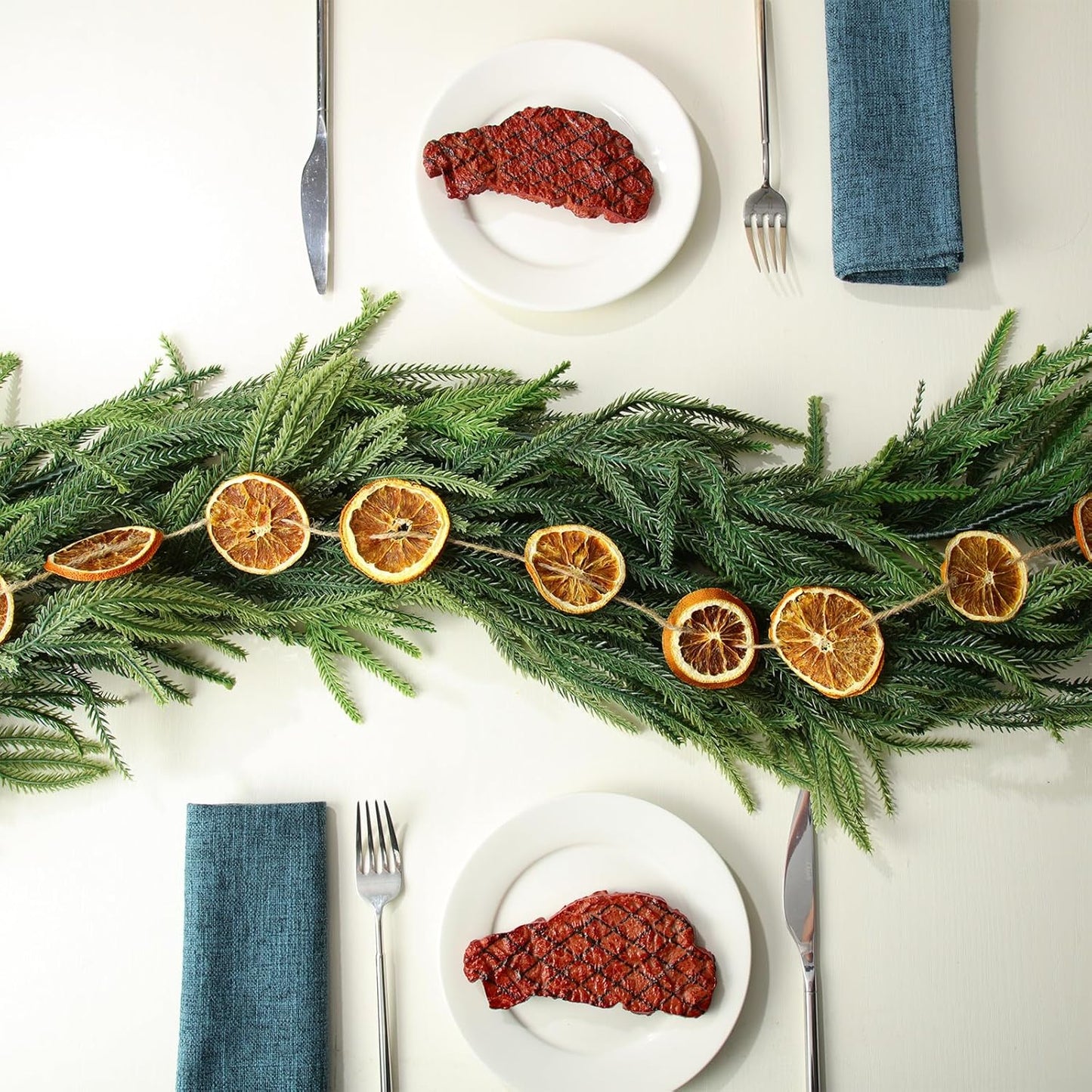 Christmas Garland Set - Norfolk Pine, Dried Orange Slice, Wooden Bead Decoration for Mantel or Fireplace