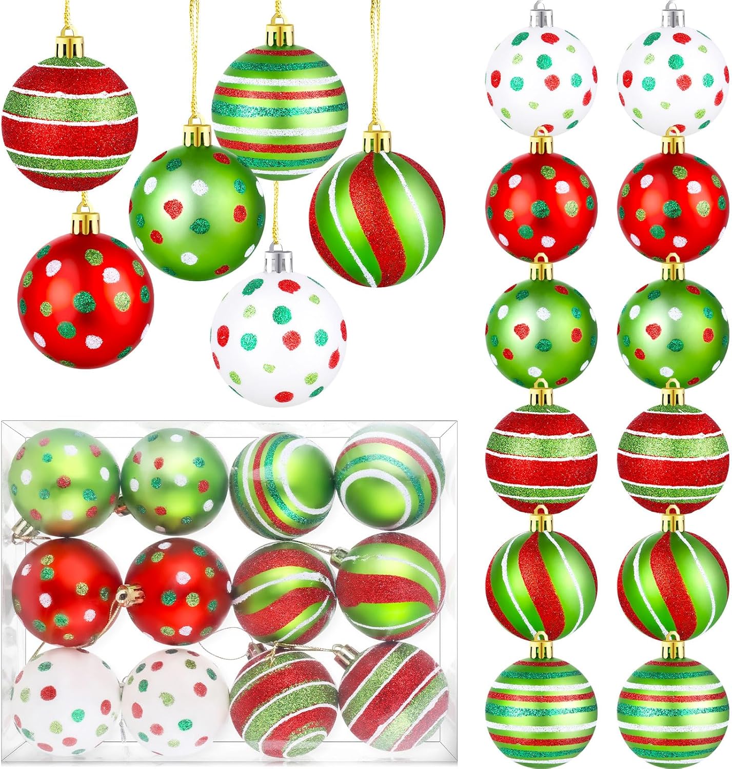 Glittering Plastic Christmas Tree Ball Ornaments - Shatterproof Swirl Candy Cane Balls - Holiday Party Decorations (24 Pcs)