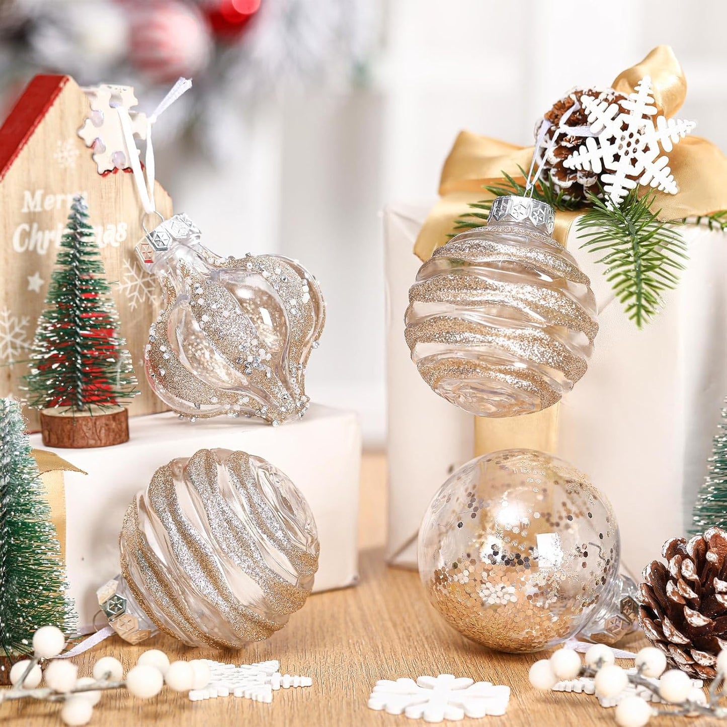 Clear Shatterproof Christmas Ball Ornaments - Set of 9 - Champagne Color