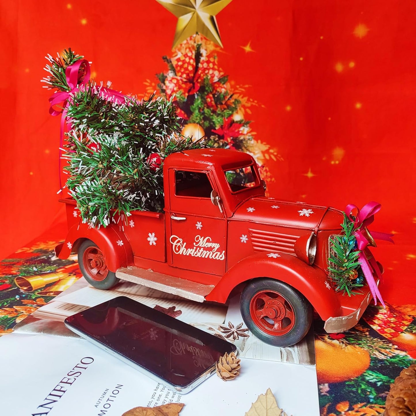 Red Metal Truck Model with Christmas Tree Ornaments, Bell, and String Light - Table Top Xmas Decor and Fireplace Collectible Vehicle