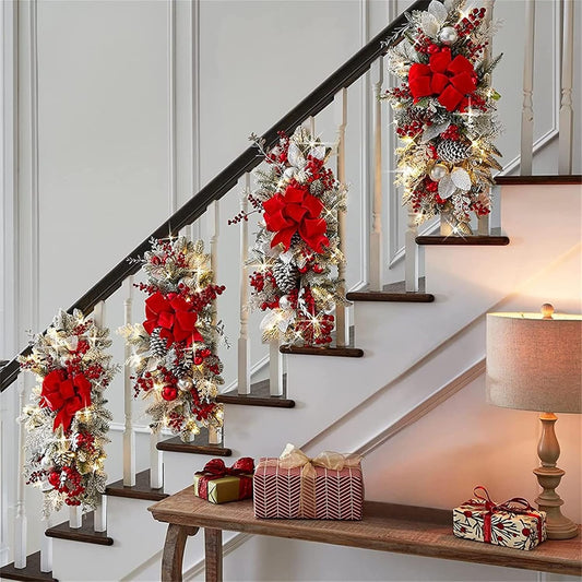 Cordless Prelit Christmas Swag Wreath Set - Red for Front Door and Stairway