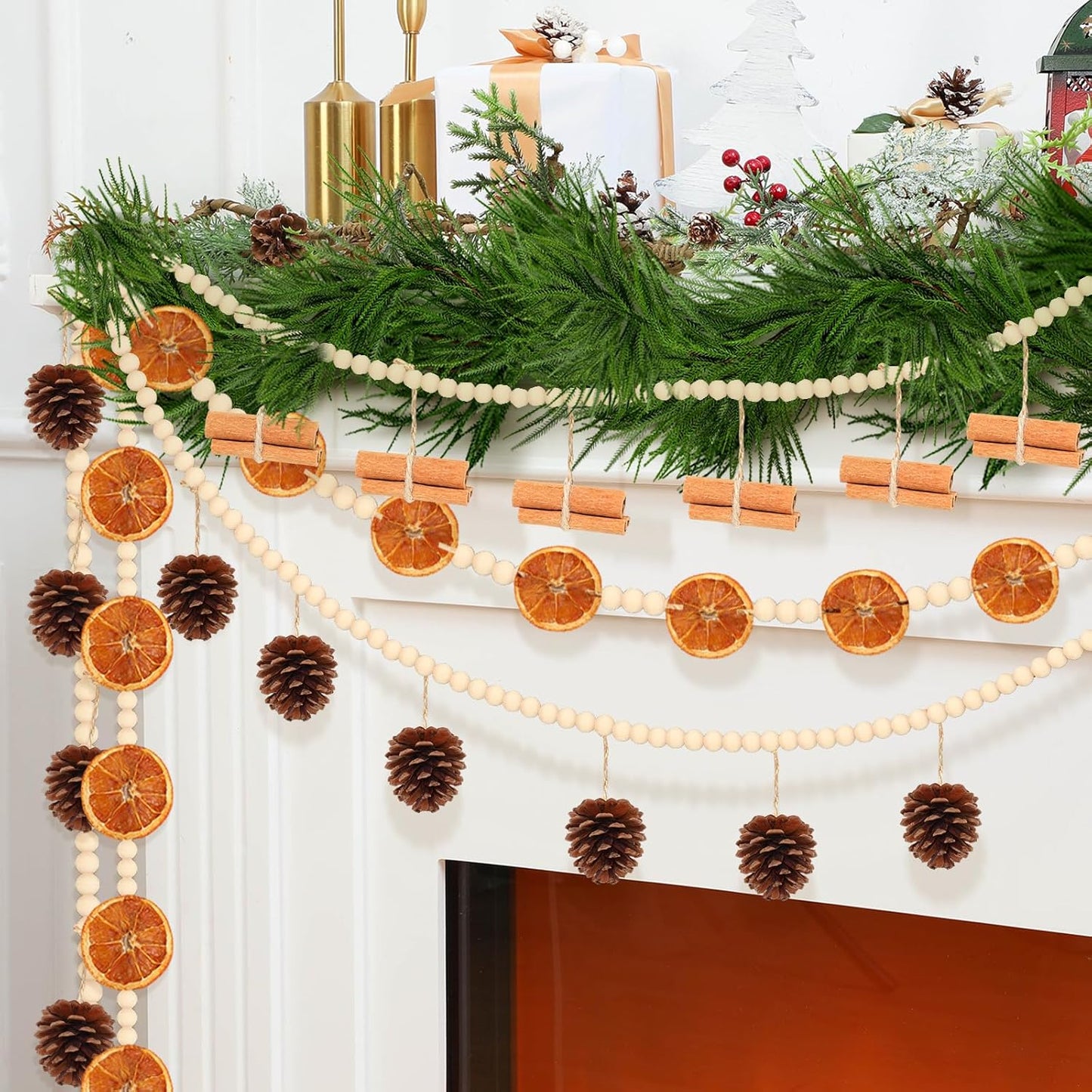 Christmas Garland with Dried Orange Slices, Wooden Beads, Pine Cones, and Cinnamon Sticks - Xmas Tree Ornaments and DIY Crafts