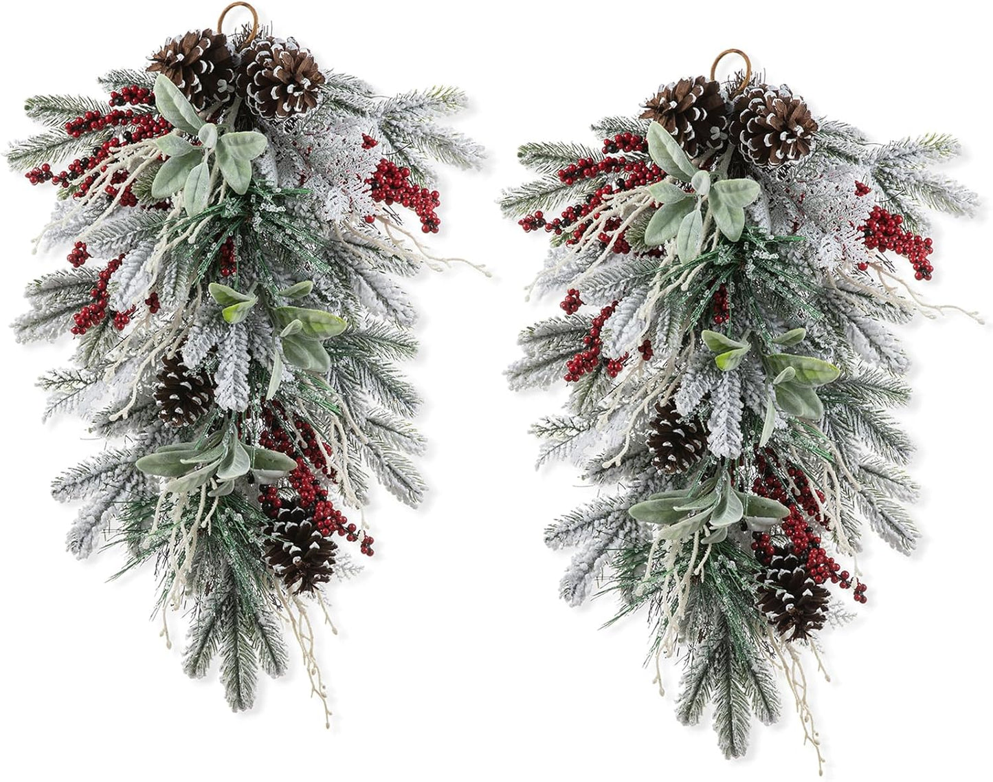 Christmas Bell Teardrop Swag with Faux Berries and Pinecone Ornament - 26" Pine Branches Door Swag Garlands for Xmas Wall Outdoor Indoor Decor