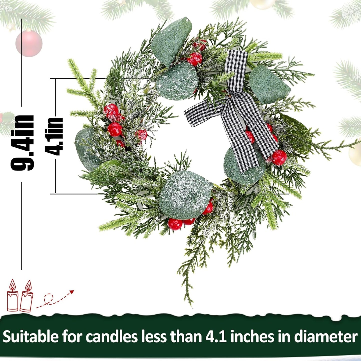 Christmas Candle Rings with Artificial Snow Buffalo Bow Leaves Berries - Set of 4