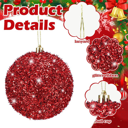 6 Pcs 4 Inch Red Christmas Ball Ornaments - Tinsel, Glitter, Sequin, Foam - Shatterproof Xmas Hanging Decorations for Home, Party, Gift