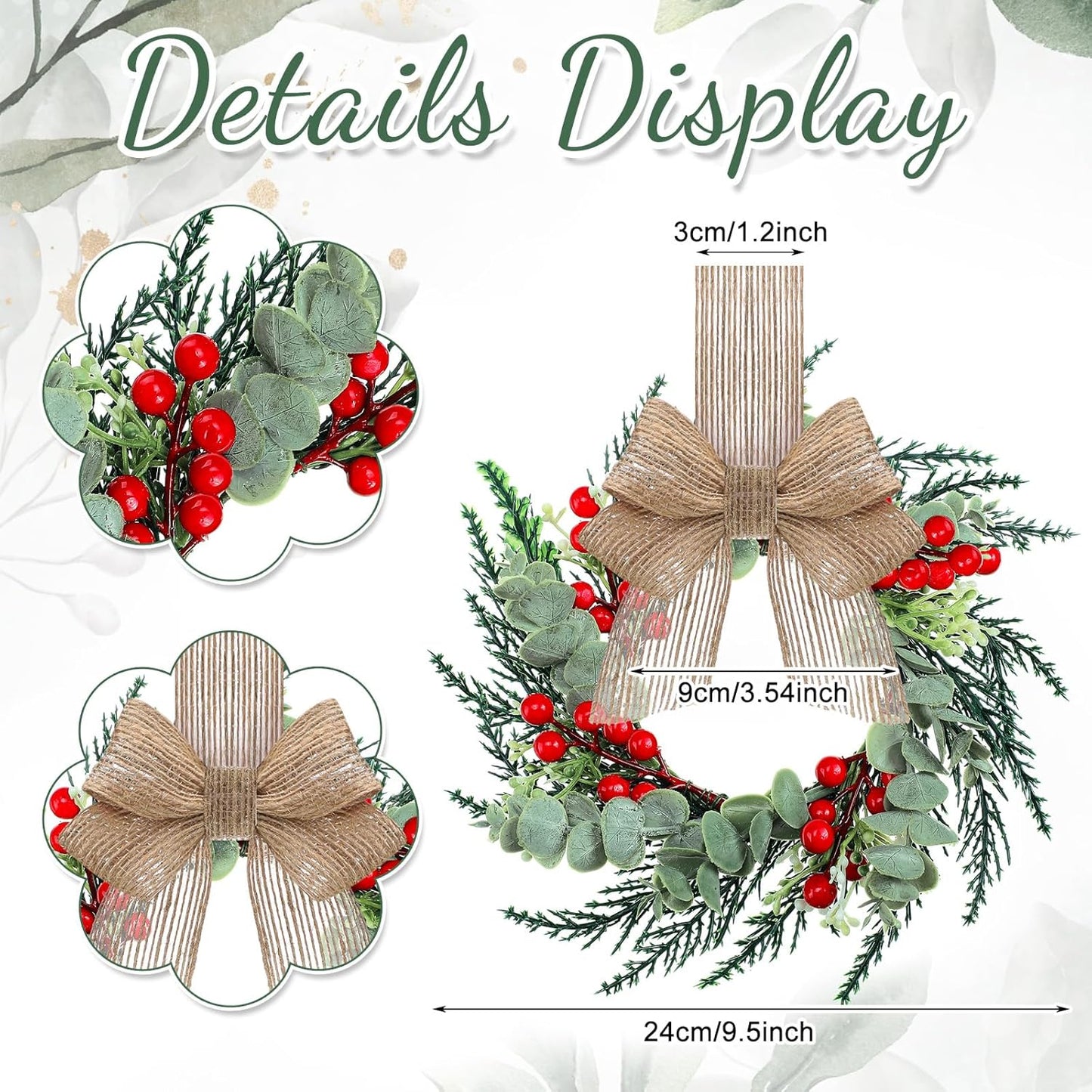 Christmas Wreath Decorations with Burlap Ribbon - Mini Farmhouse Wreaths for Kitchen Cabinet, Pillars, Front Door, Window, Chair, and Wall