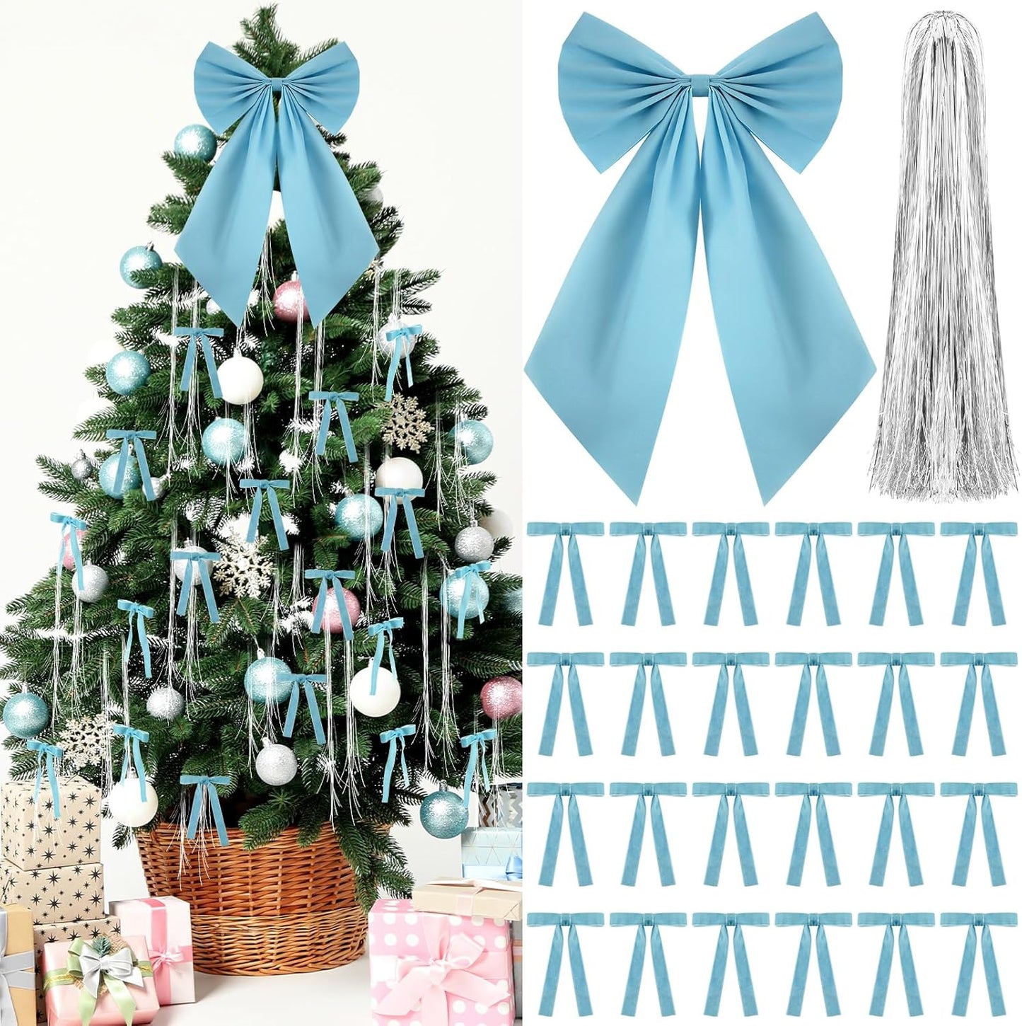 Blue Christmas Tree Decorations Set - Velvet Bows, Tree Topper Bow, Tinsel Icicles