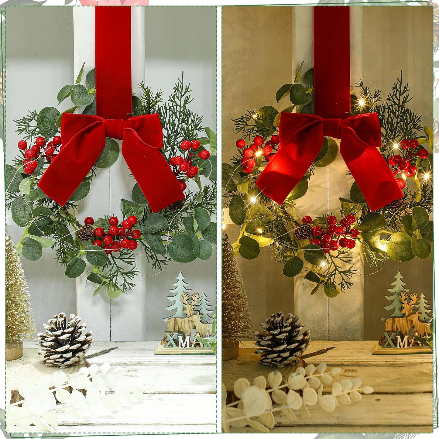 Mini Christmas Wreath with Light Red Berry Kitchen Cabinet Wreaths - Set of 2