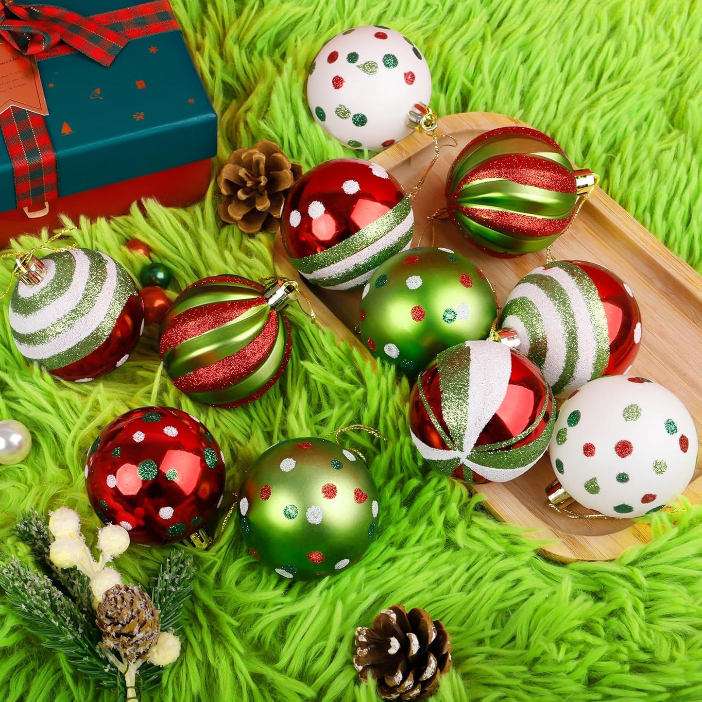 Christmas Ball Ornaments Set - Candy Cane Peppermint Swirl Red Green Bulbs