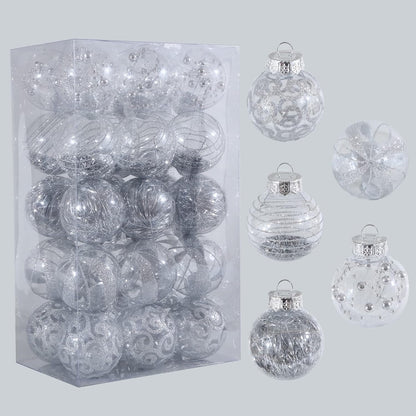 24ct Clear White Plastic Shatterproof Christmas Ornaments Set with Delicate Stuffed Decorations