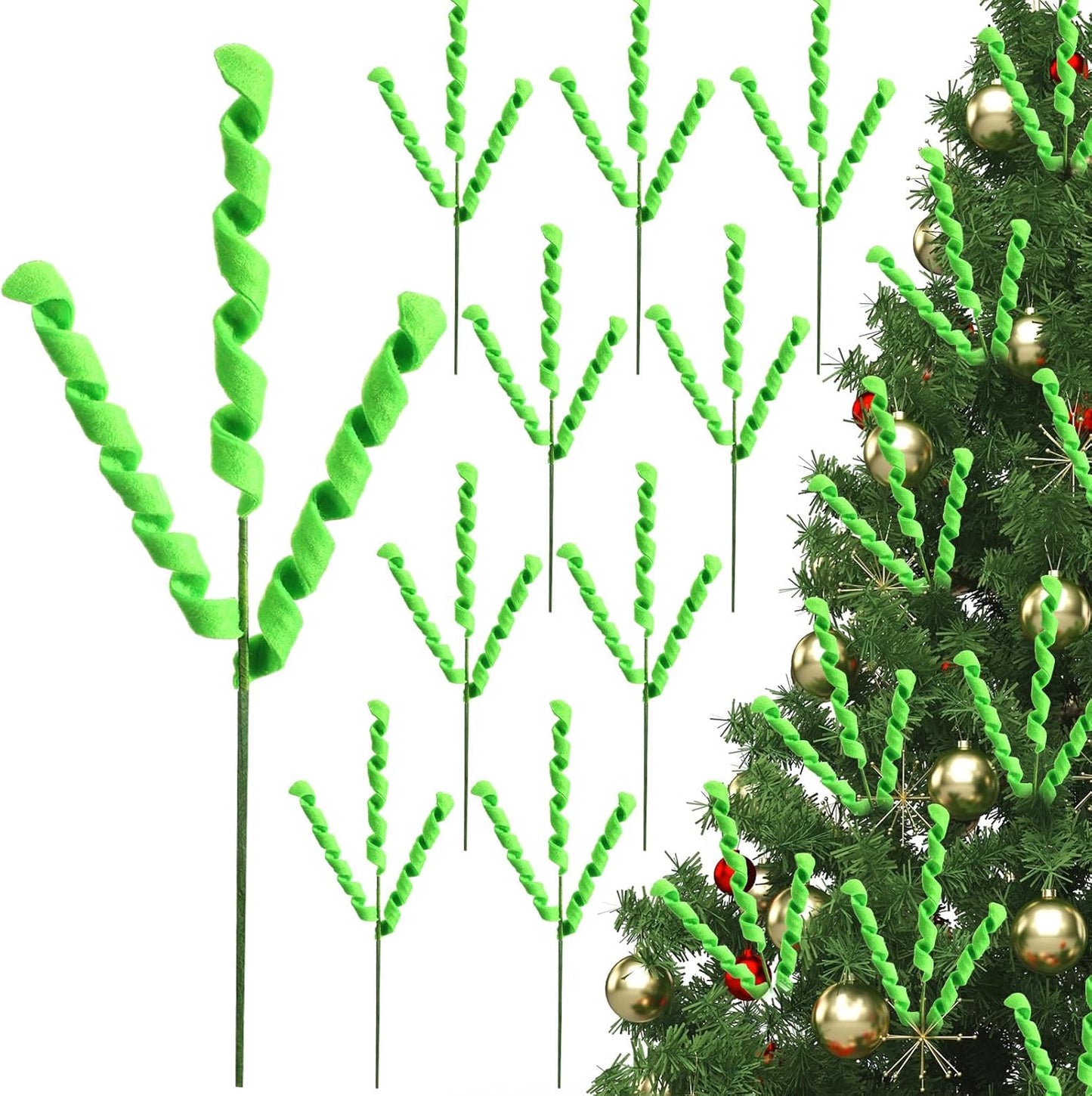 Christmas Tree Curly Picks Ornaments - Fabric Holiday Xmas Decorative Sprays - Green/Red Edge (16 Pcs)