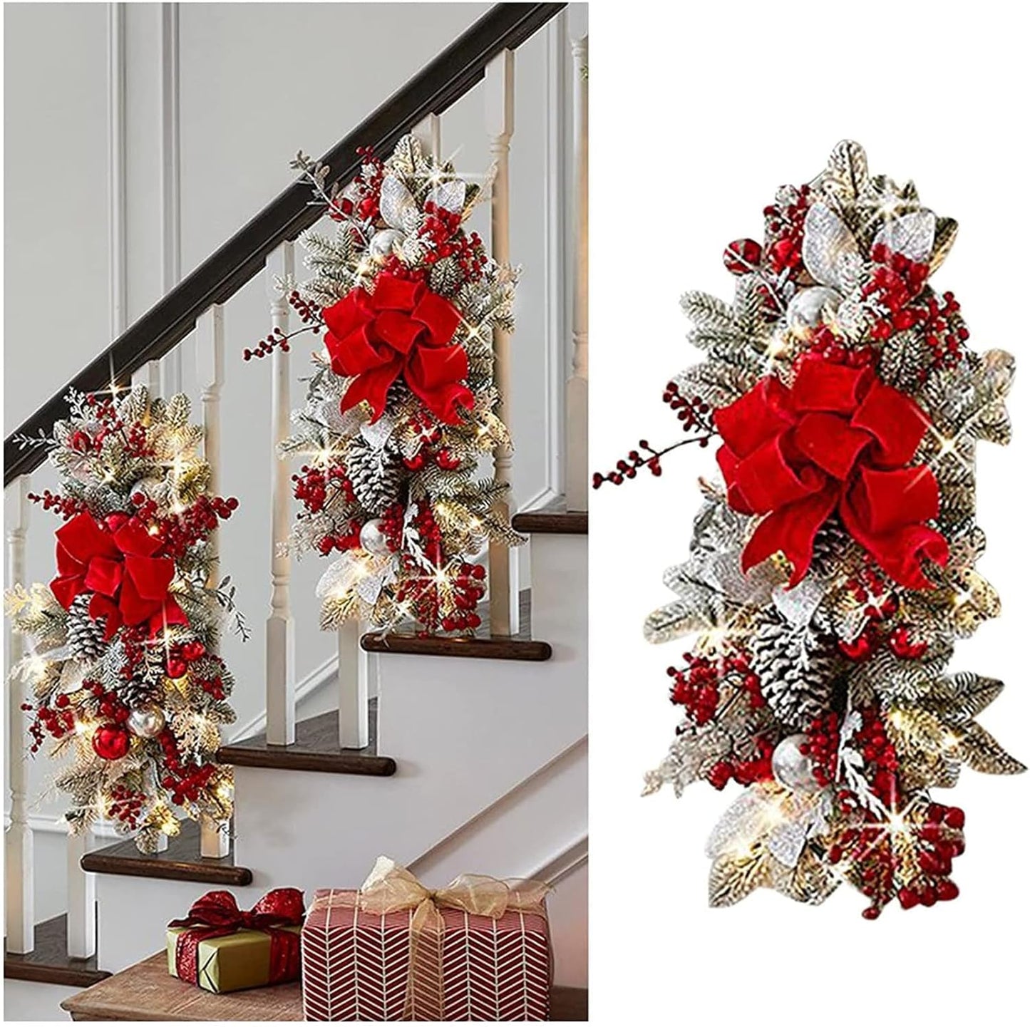 Rustic Cordless Prelit Stairway Christmas Swag - Front Door Wall Window Stair Home Decor