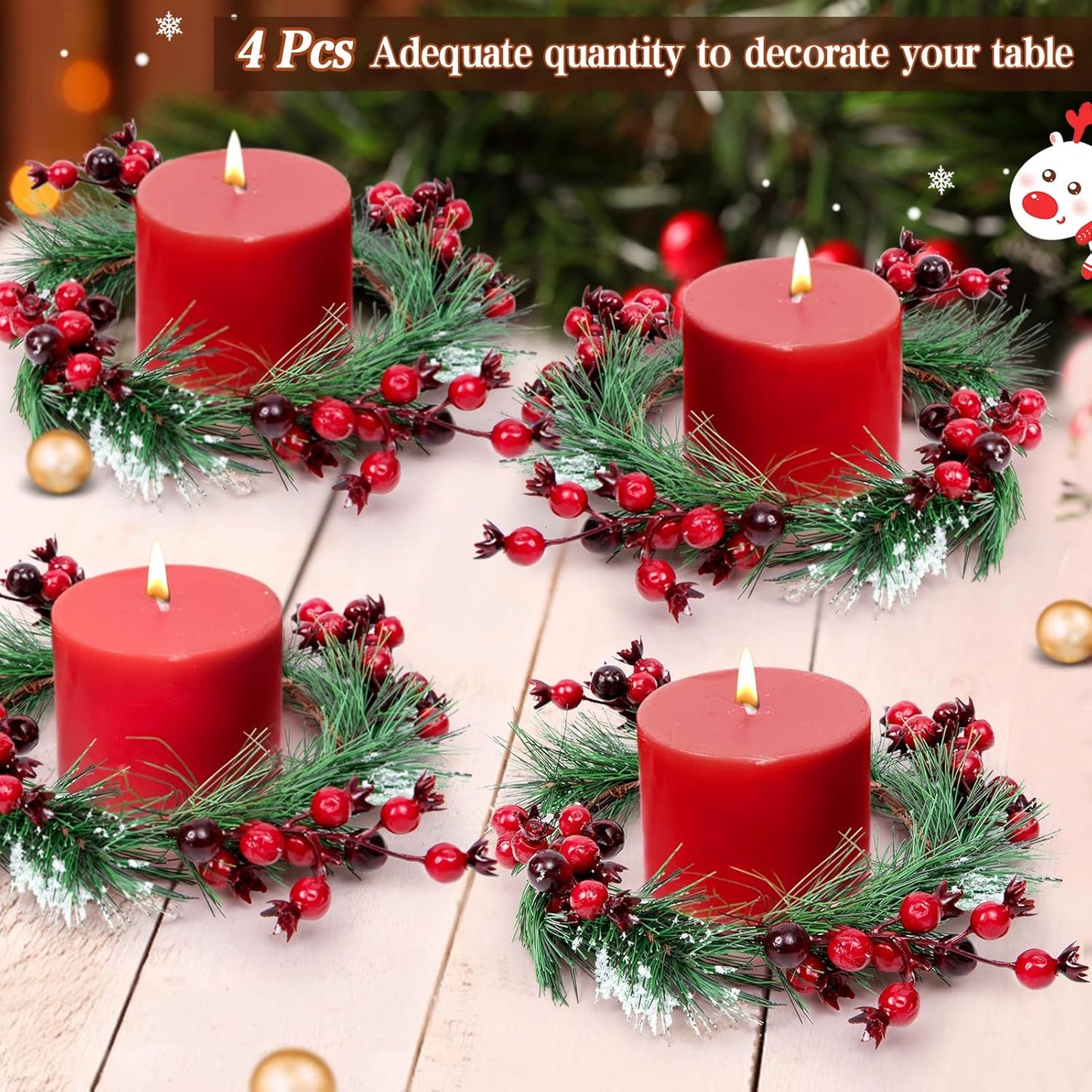 Set of 4 Christmas Candle Rings with Artificial Red Berries